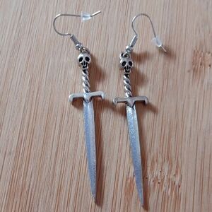 Silver Skull Sword Dangle Drop Earrings New!